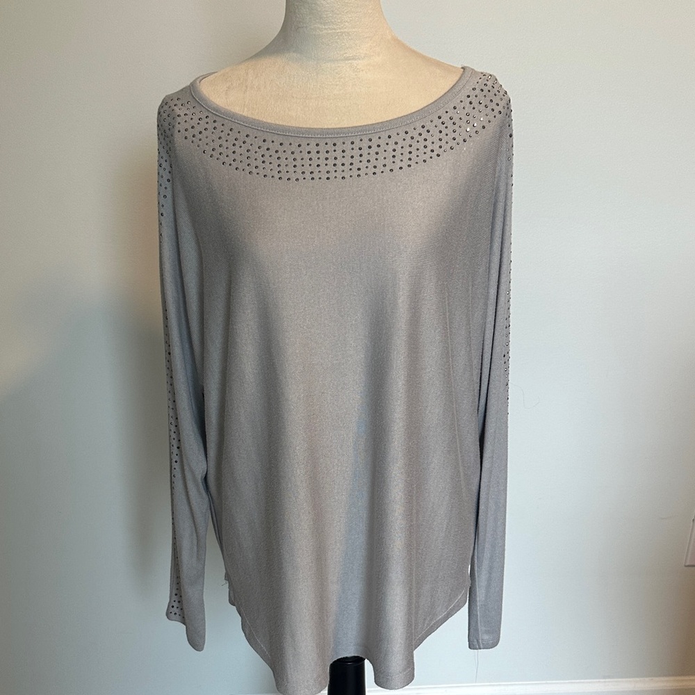 Gray Long Sleeve Sweater with Studded Neckline NEW